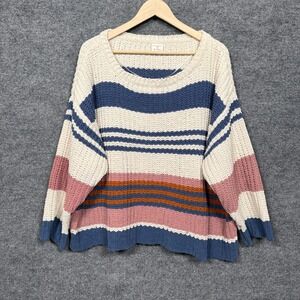 Together Collection Medium‎ Sweater Top White Blue Striped Chunky Crochet Cozy